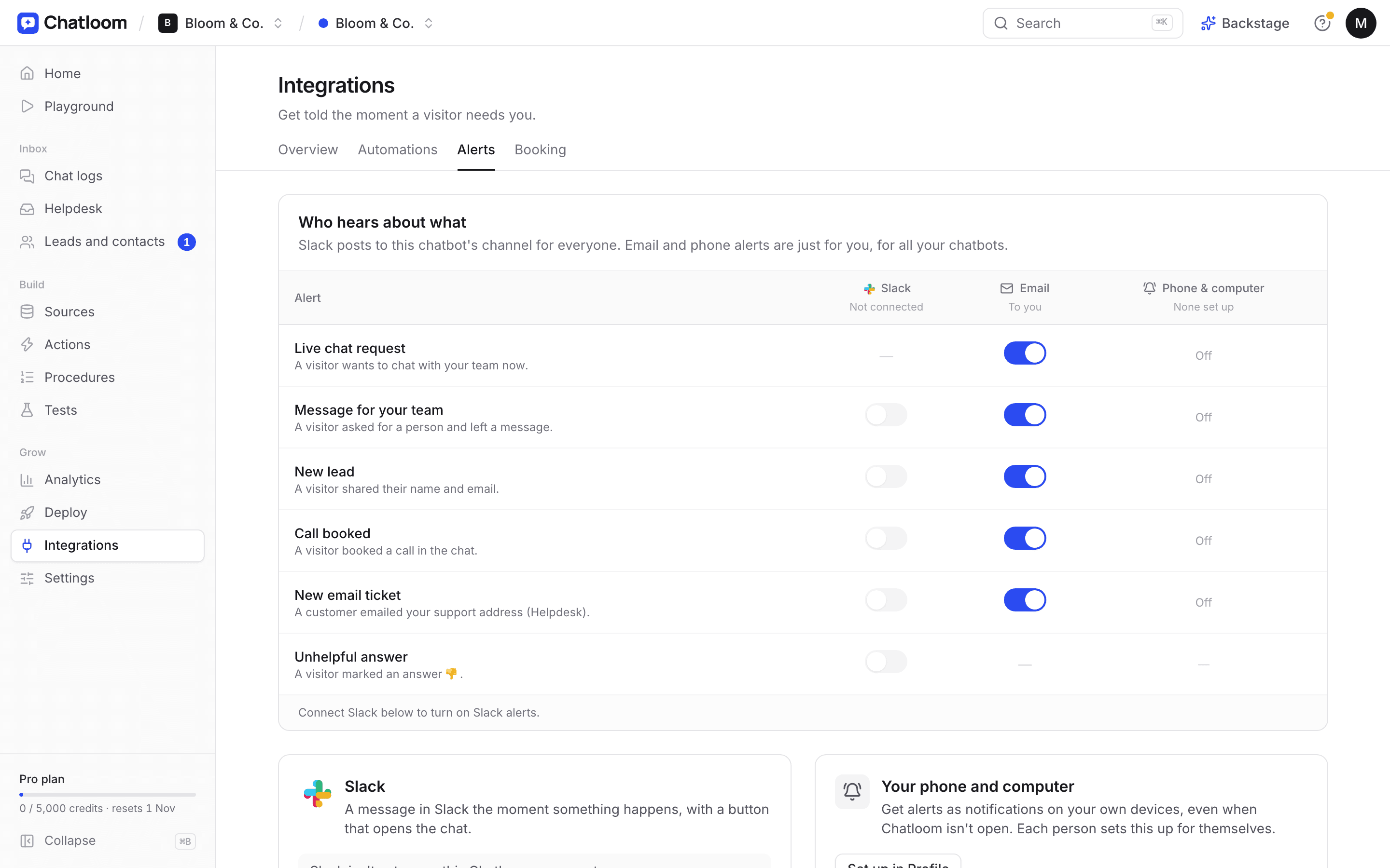 Chatloom's alert settings for live chat requests, leads and bookings