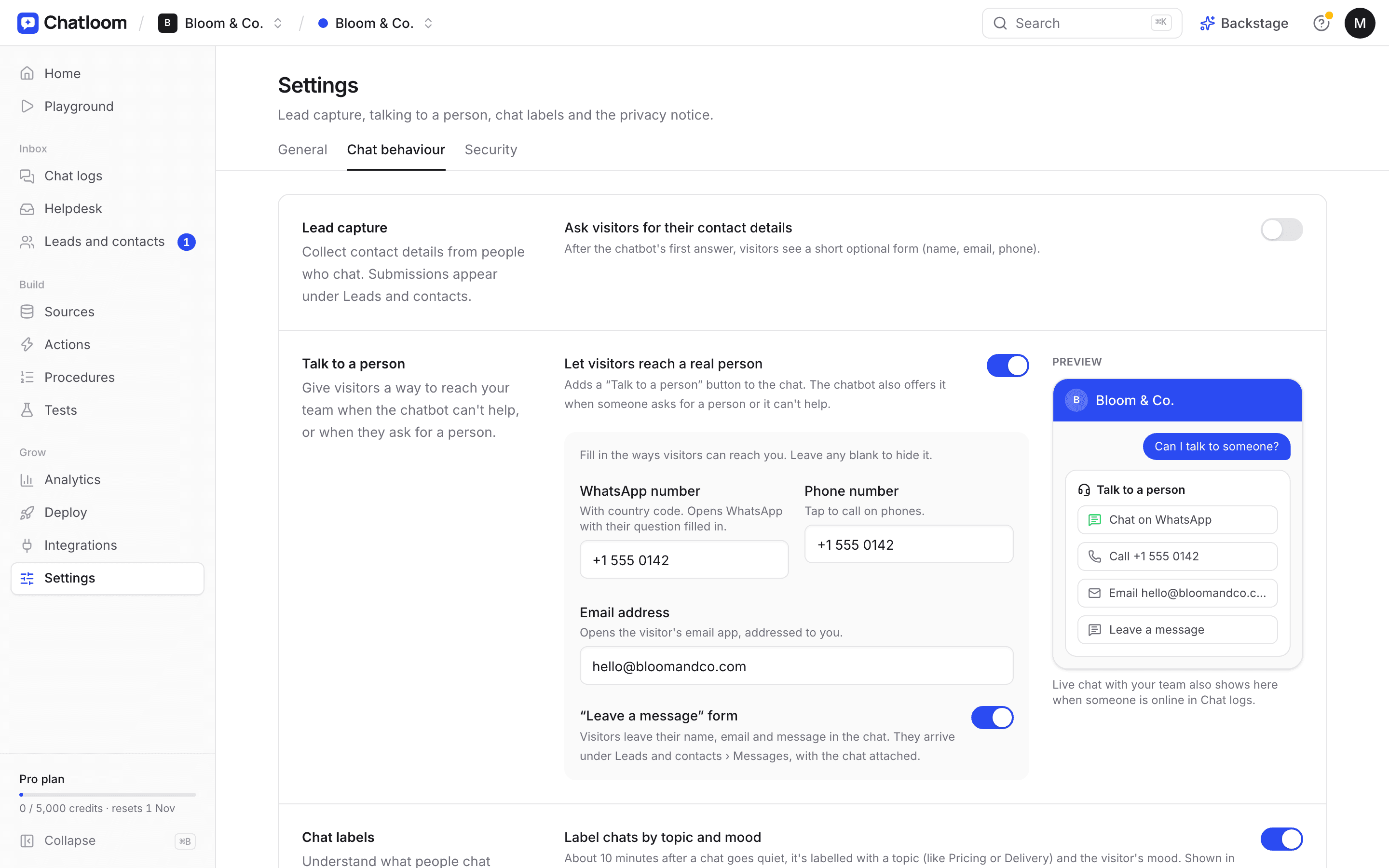 Chatloom's 'Talk to a person' settings with WhatsApp, phone, email and message form