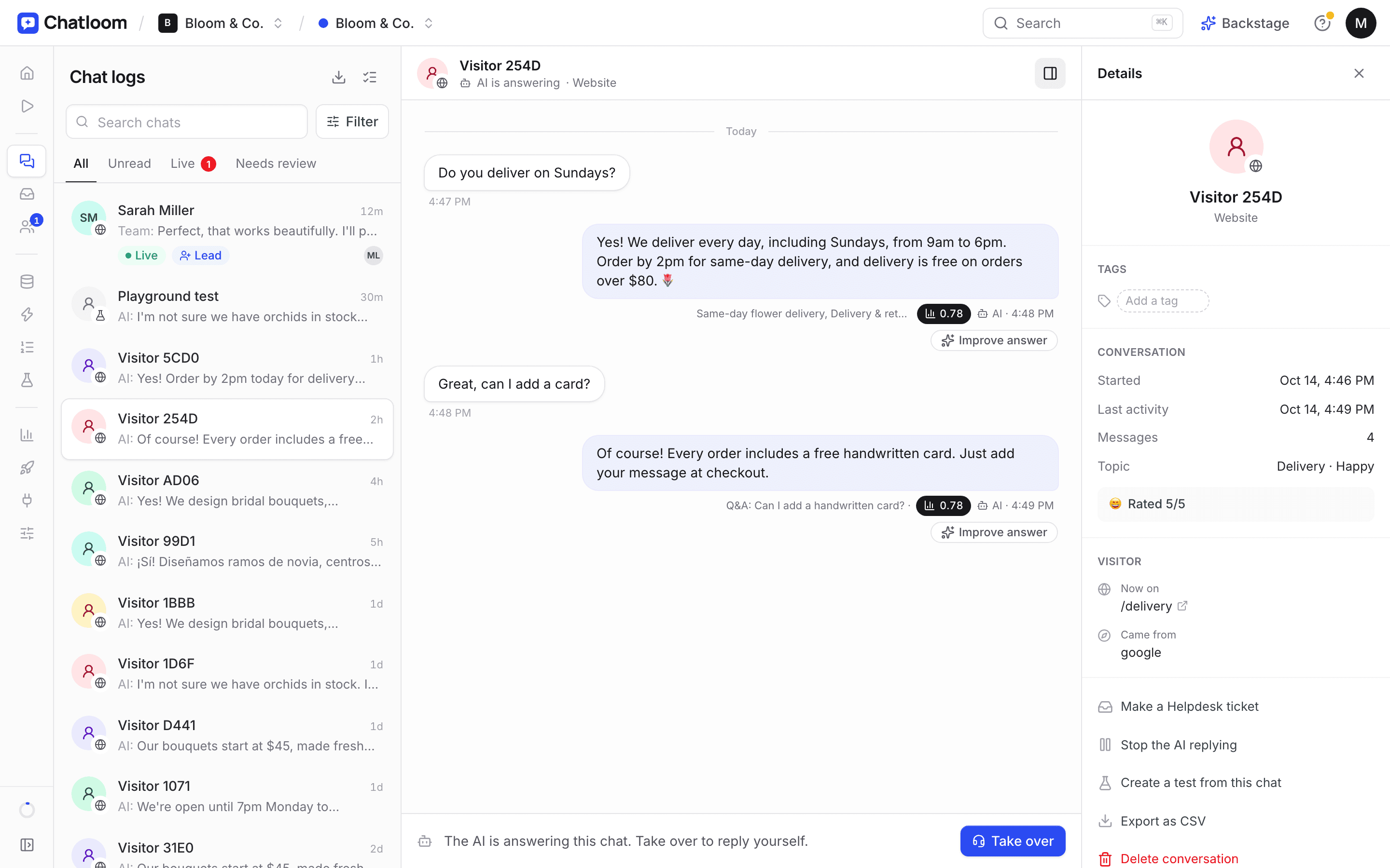 A conversation in Chatloom where the answer lists the pages it came from