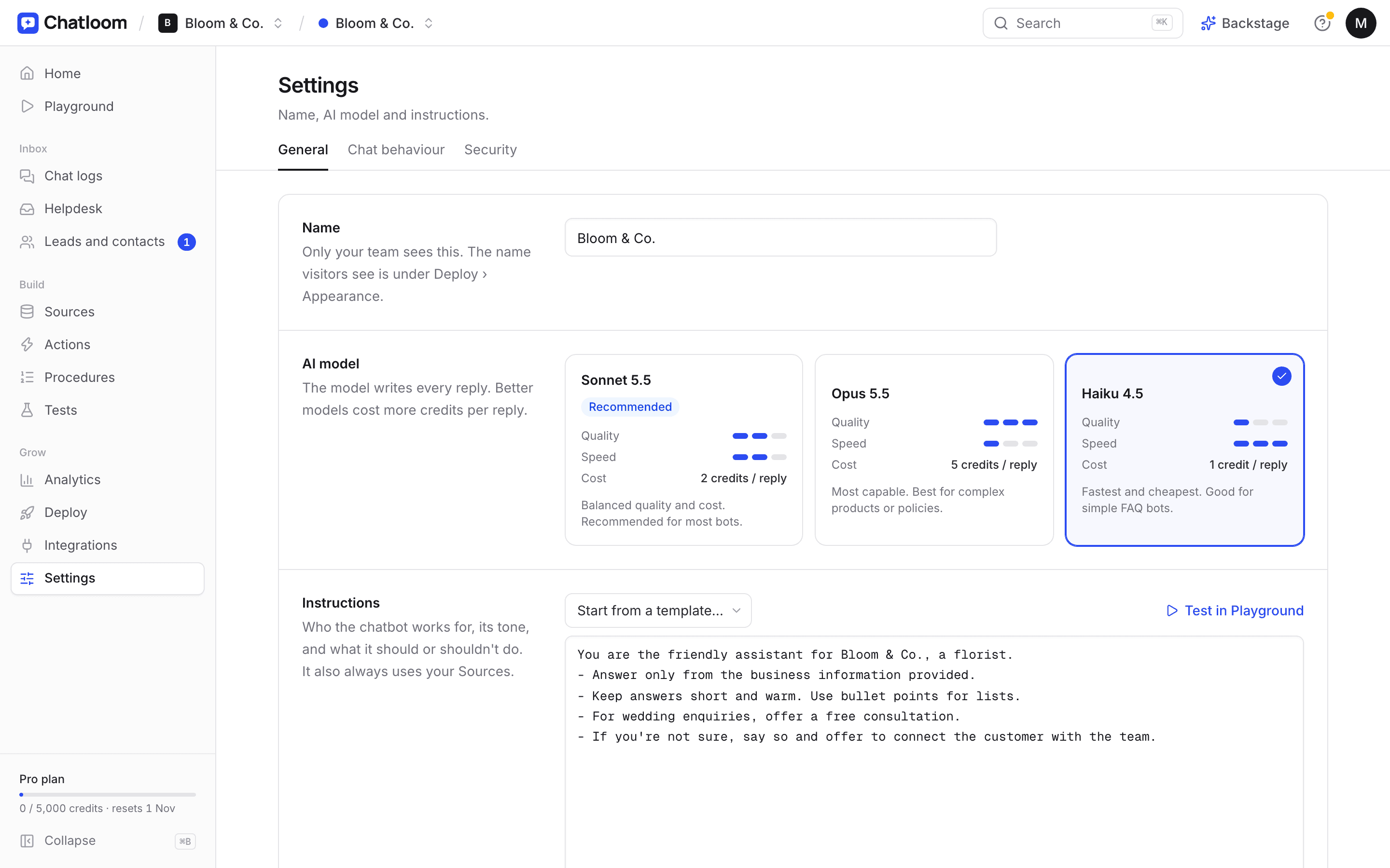 Chatloom's settings with the AI model choice and written instructions