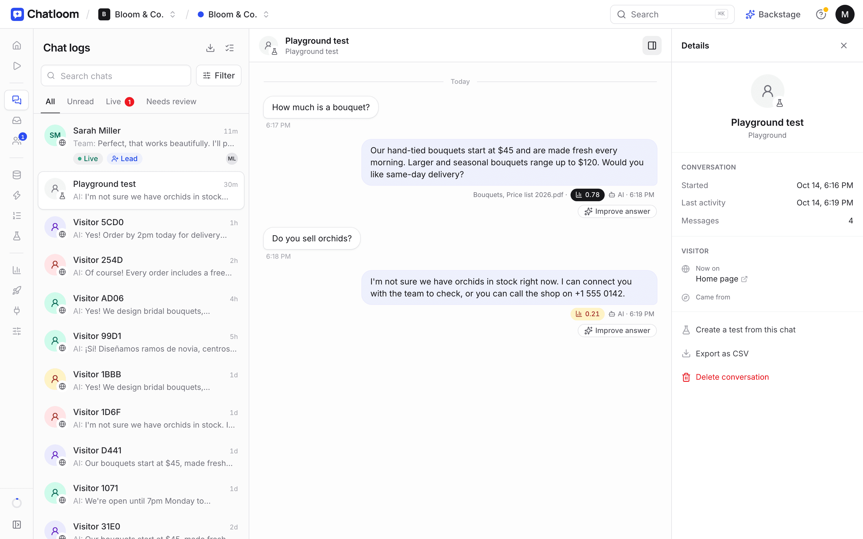 A test conversation in Chatloom with sources and match scores