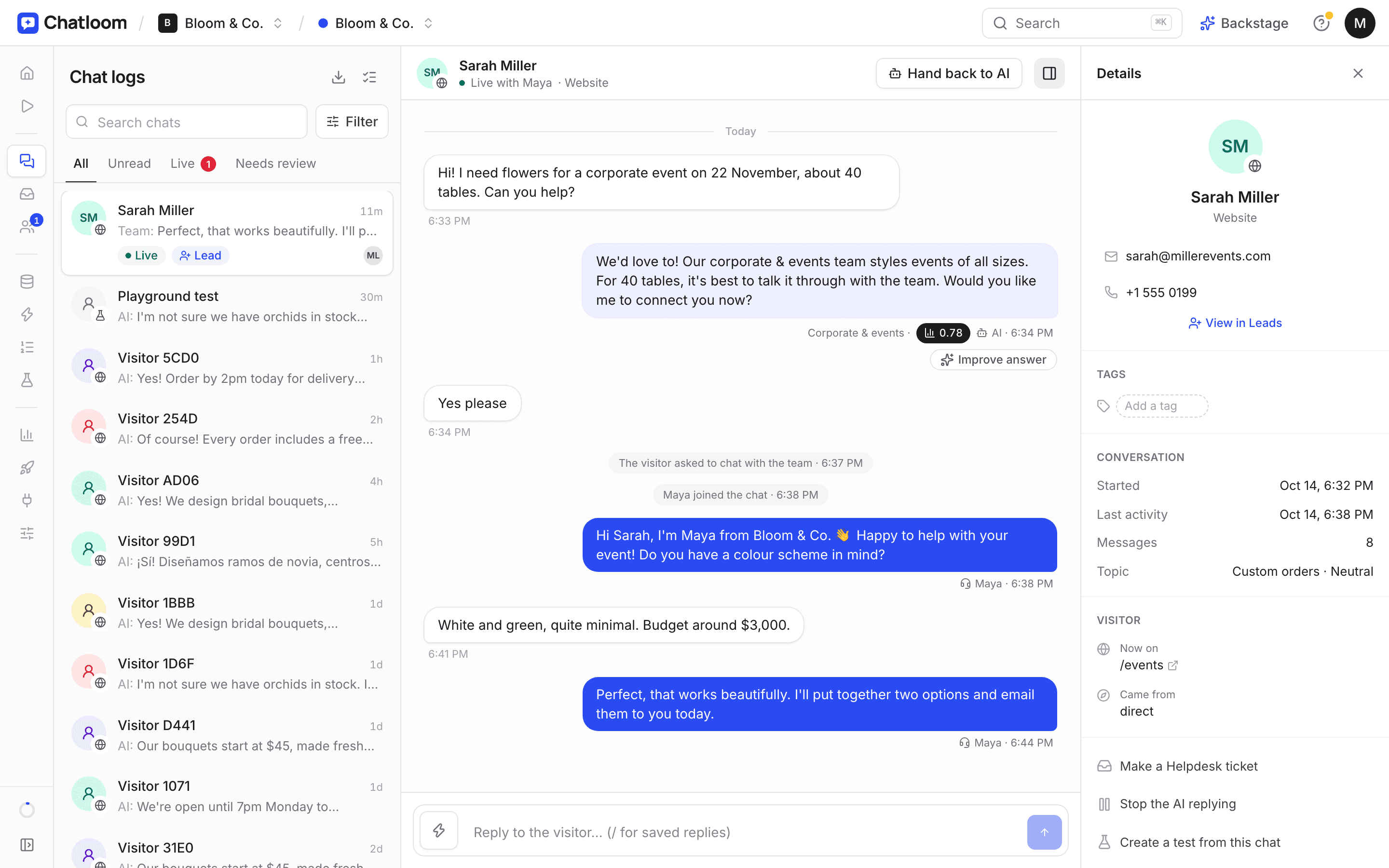 A live chat in Chatloom where a team member took over from the AI