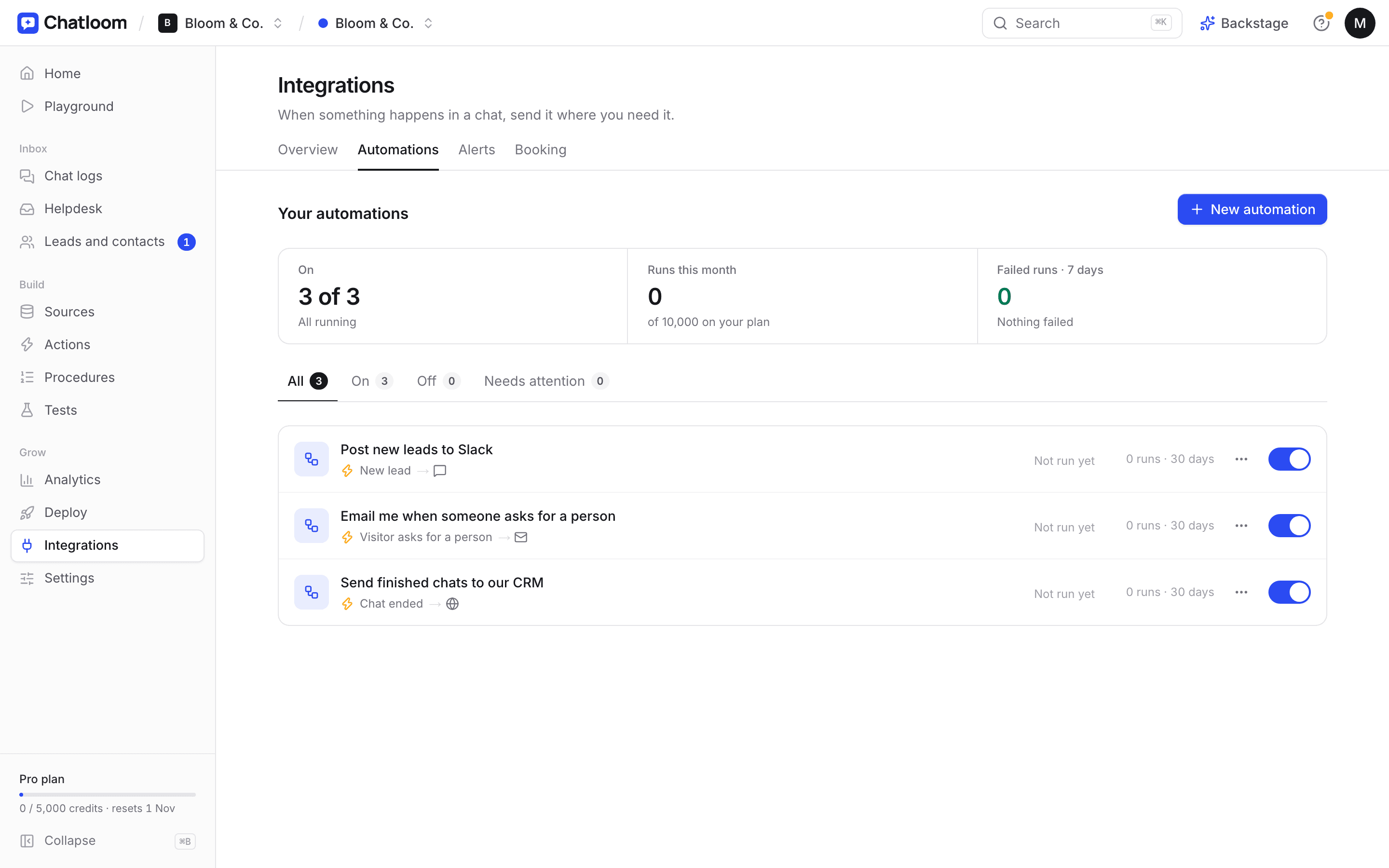 Chatloom's automations list