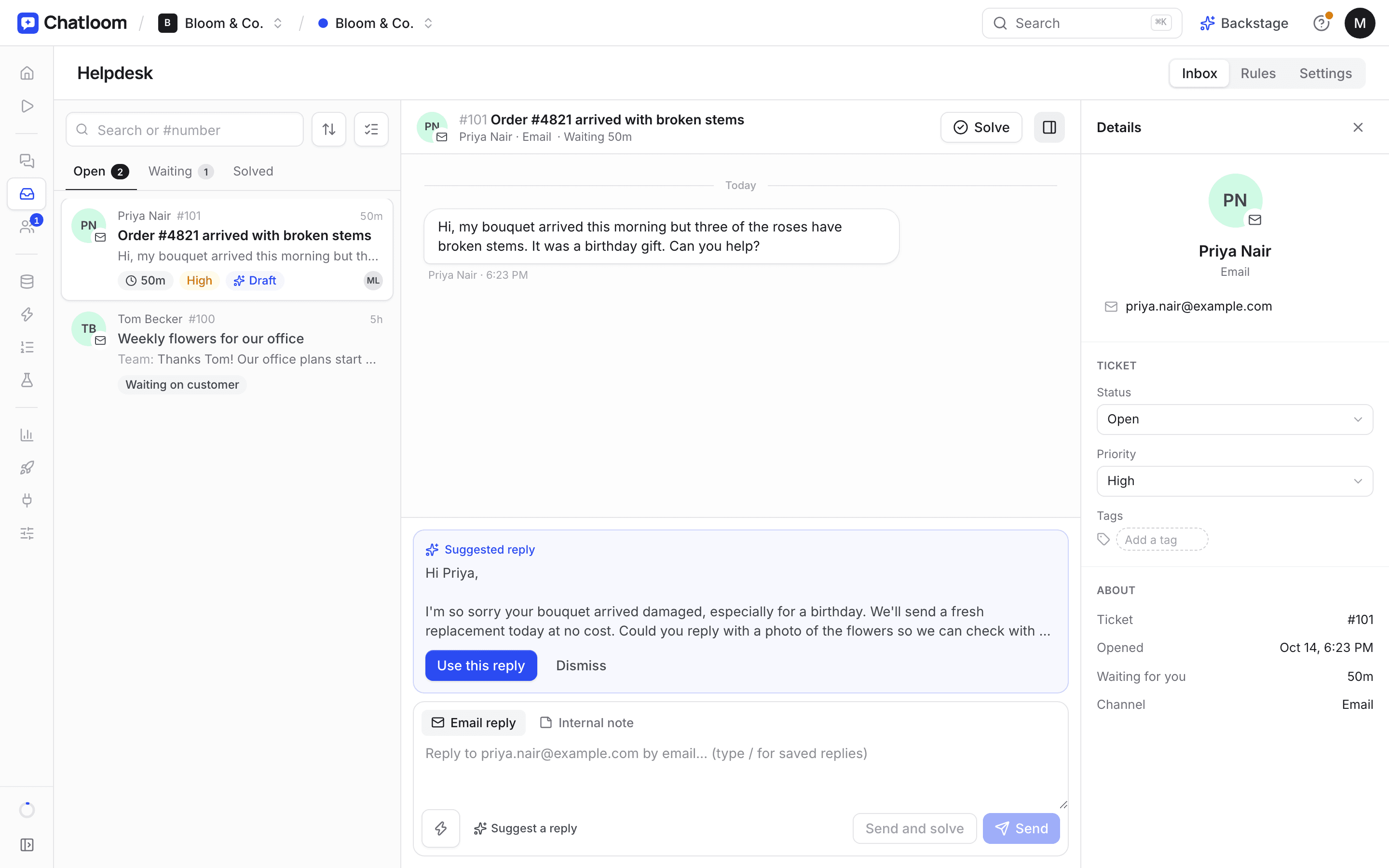 Chatloom's helpdesk with an email ticket and an AI-suggested reply